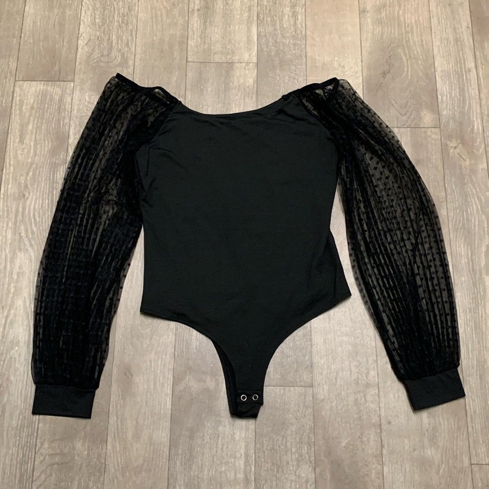 Pinkm Style‎ Black Goth Sheer Polka Dot Sleeve Off Shoulder Shirt Bodysuit